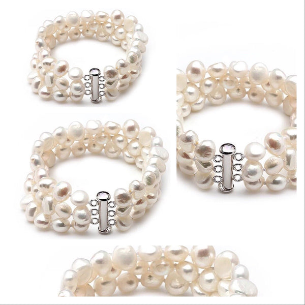 Amazon.com: Sterling Silver 3-Row White Freshwater Cultured A Quality Pearl  Bracelet (7.5-8mm), 7.25