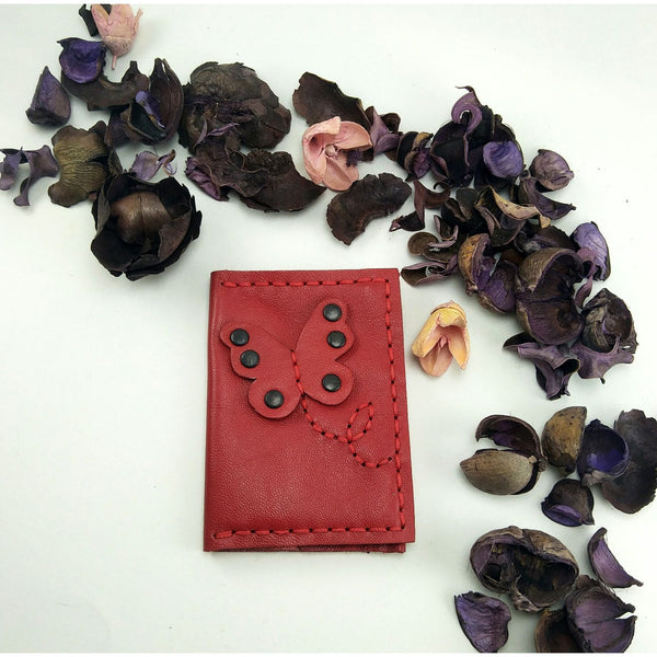 Butterfly Time Red leather credit card holder