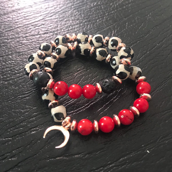 Coral Tibetan Agate Hematite And Lava Stone Bracelet