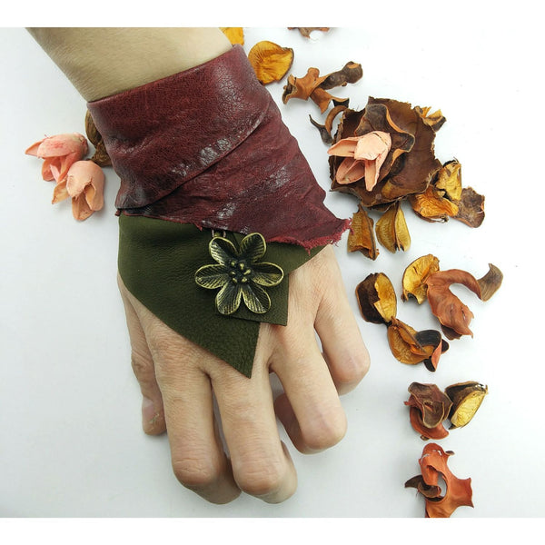 Burgundy & Green Flower leather bracelet