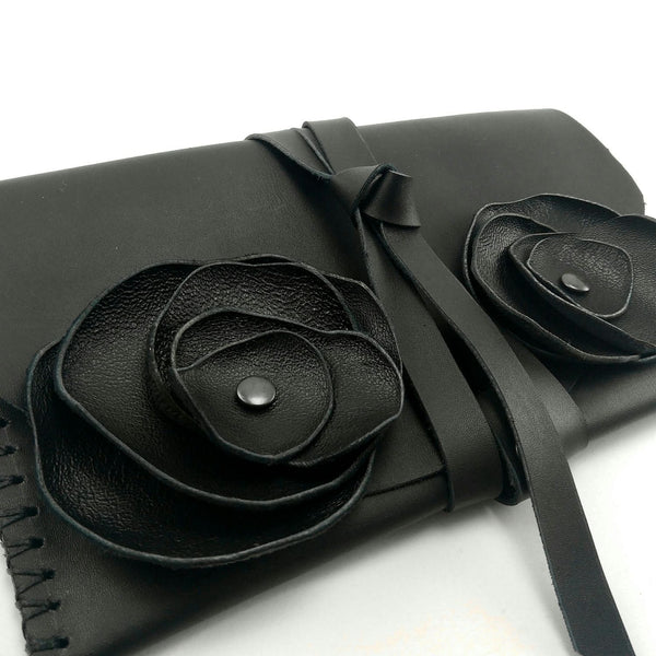 Multi-purpose leather handbag with Jet Black Flower Embellishment