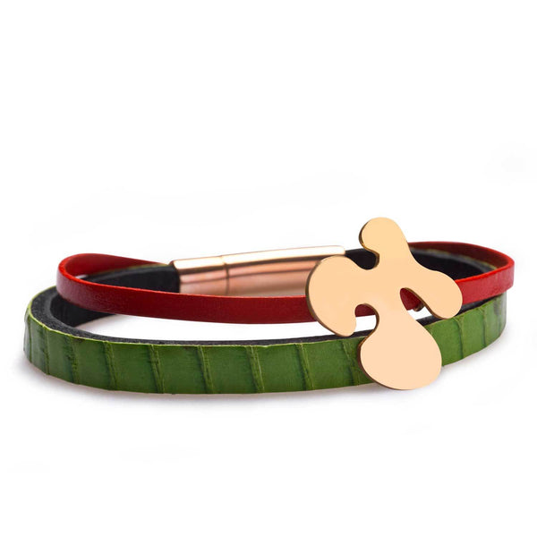 Arya Double Stripe Leather Bracelet Green-Red