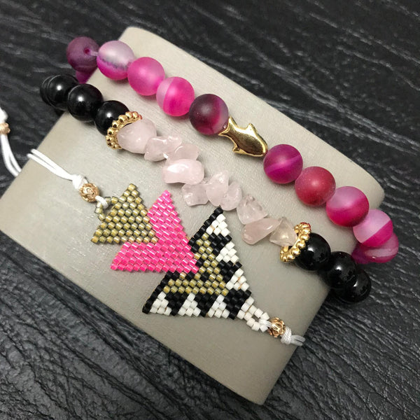 Miyuki Pink Quartz Onyx And Agate Bracelet Set