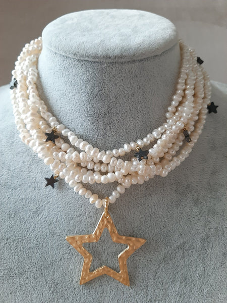 Hematite Star Pearl Necklace
