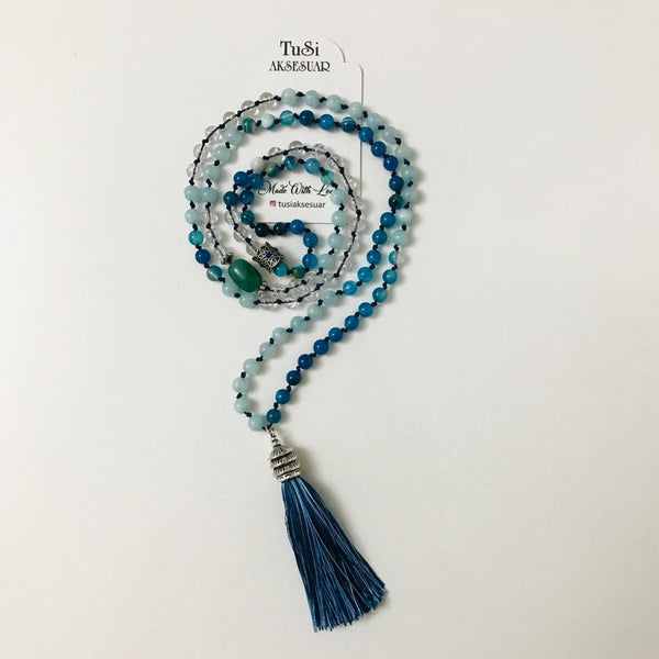 Mala108 Aquamarine - Agate-Najaf Natural Stone Necklace