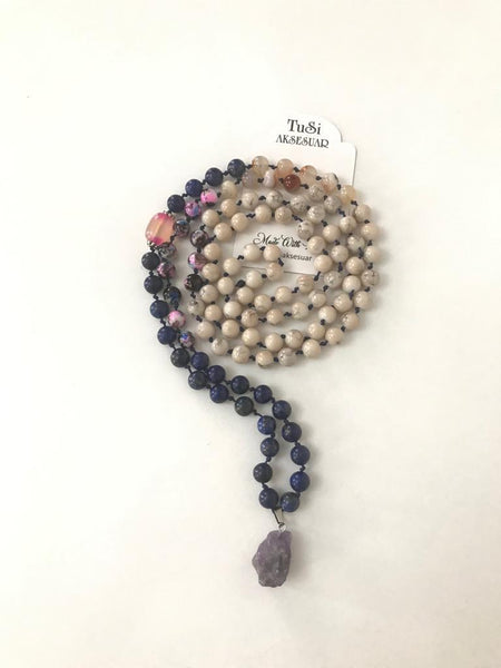 Mala180 Lapis Laluzi-Ametis Agate And Glass Bead Design Necklace