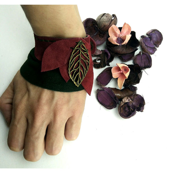 Burgundy & Green Leaf leather bracelet