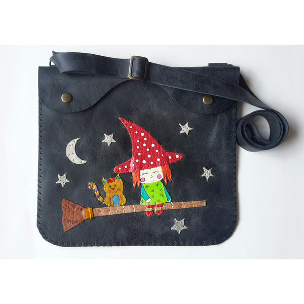 Sweet Witch And Cat Handmade Leather Bag