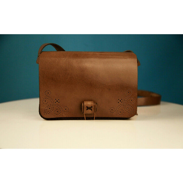 Handmade Leather Bag With Brown Hole Embellishment