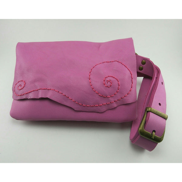 Embroidered Pink Leather Waist Bag