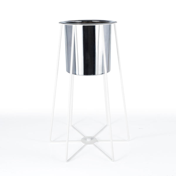 Wired Large White Decorative Plant Stand Chrome Flowerpot
