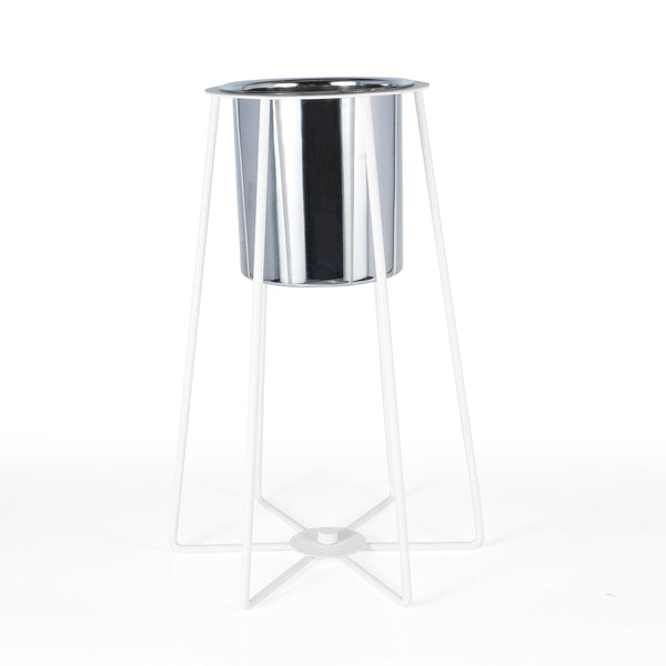 Wired Small White Decorative Plant Stand Chrome Flowerpot